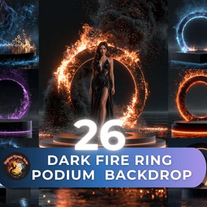 May include: A collection of 26 digital backdrops featuring dark circular podiums surrounded by rings of fire, smoke, and glowing light effects. The images display various elemental themes including blue, purple, and orange flames on dark platforms.
