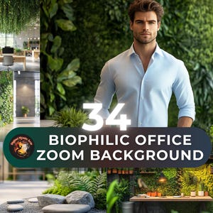 Könnte beinhalten: Ein Mann in einem hellblauen Hemd steht vor einer grünen Wand mit dem Text "34 Biophilic Office Zoom Background".