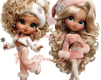 15 Christmas Pink Girl Clipart Set | 15 PNG Winter Holiday Fashion Doll Illustrations | Cute Xmas Girl Digital Download