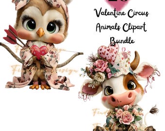 Valentine Circus Animals Clipart, Cute Love Zoo, 20 PNG, Romantic Baby Animals, High Resolution, Commercial Use