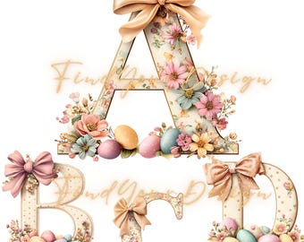 Easter Alphabet Clipart Set, Watercolor Floral Letters, Spring Alphabet PNG, Pastel Easter Egg Alphabet, Commercial Use, 300 DPI