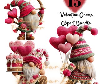 15 Valentine Gnome Clipart Bundle, Latch Hook Yarn Style, 15 PNG, Cute Love Gnomes, High Resolution, Commercial Use