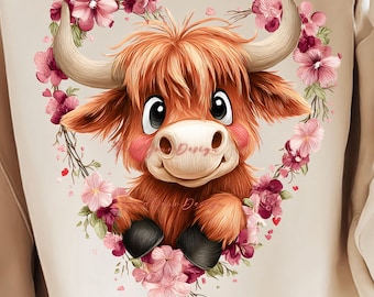 Valentine Highland Cow Clipart, Cute Cow Love PNG, Floral Cow Design, Commercial Use, 300 DPI, 4000x4000