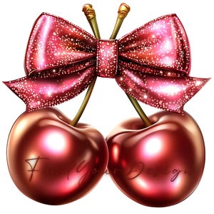 Puede incluir: Dos cerezas rojas con un lazo rosa brillante atado alrededor de sus tallos. Las cerezas son brillantes y tienen un acabado brillante.