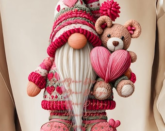 Valentine’s Day Gnome with Teddy Bear T-Shirt Design | Latch Hook Yarn Style | Cute Love Graphic PNG