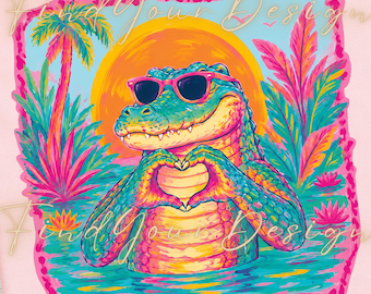 Preppy Alligator PNG, Summer Crocodile Shirt Design, Neon Tropical Gator, Funny Heart Hands Animal Sublimation, Retro Beach Vacation Graphic