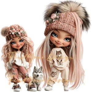 Conjunto de 15 adorables personajes de niña - 300 DPI - 2000*2000 píxeles - Sin fondo - Descarga digital - Clipart digital - Pegatinas digitales