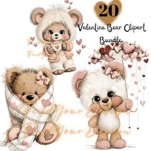Puede incluir: Ilustración digital de tres osos de peluche. Uno está envuelto en una manta, otro sostiene una taza y el tercero globos en forma de corazón. Incluye el texto "20 Valentine Bear Clipart Bundle."