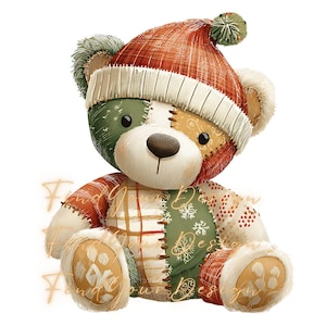 May include: A watercolour illustration of a patchwork teddy bear wearing a red and white knitted hat with a green pom-pom. The bear has patches of green, red, and cream-coloured fabric. The bear's paws are cream-coloured with a snowflake design.