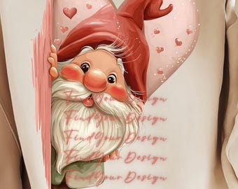 Valentine Gnome T Shirt Design PNG | Cute Love Gnome Clipart | Heart Gnome Illustration | Commercial Use | 4500x5400 300 DPI