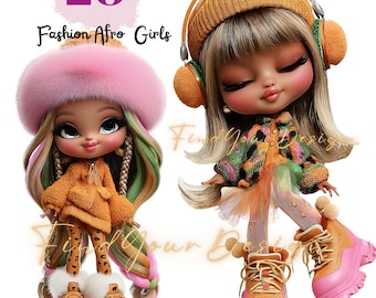 Cute Colorful Afro Girls Clipart Set | 20 PNG | 300 DPI | Commercial Use | Fashion Doll Style | No Background
