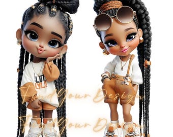 Kawaii Black Girl Clipart: Braided Hair Doll PNG (Digital Download)