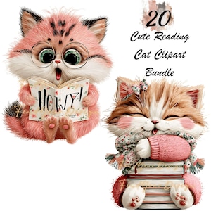 May include: A digital clipart bundle featuring two adorable cartoon cats. One pink cat wears glasses and reads a book with the word "HOWY!" on the cover. The other cat is brown and white, wearing a scarf and sweater, and sitting on a stack of books. The text "20 Cute Reading Cat Clipart Bundle" is at the top.
