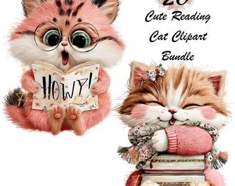 Cute Reading Cat Clipart Bundle, Book Lover Kittens PNG, Cozy Library Cats, Whimsical Study Animals, Printable Sticker Sublimation Design