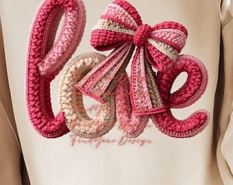 Valentine’s Day LOVE T-Shirt Design, Latch Hook Yarn Style, Romantic Crochet Text, Printable PNG