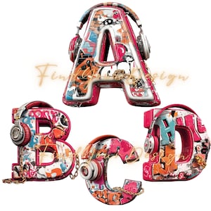 May include: Four 3D letters, A, B, C, and D, are shown in a graffiti style. Each letter has headphones and a gold chain. The letters are mainly pink, white, and orange, with a brick-like texture.