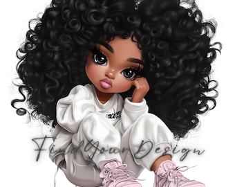 May include: A digital illustration of a young Black girl with curly black hair wearing a white sweatshirt and pink sneakers. She is sitting with her chin resting on her hand and has a thoughtful expression on her face.