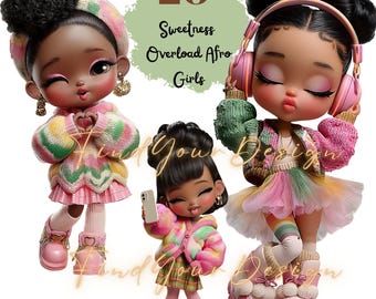 Sweetness Overload Girls – 20 Afro Girl Clipart Set, 300 DPI, PNG, No Background, Commercial Use for Printing Only