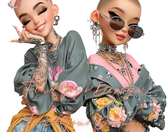 Stylish Girl Clipart Set: Fashion Illustrations (Digital Download, 12x12 inch, 300 DPI PNGs)