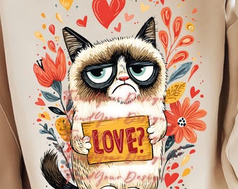 Funny Valentine Cat T-Shirt Design PNG | Grumpy Cat Love Shirt | Valentine Cat Graphic | Cute Sarcastic Valentine Art
