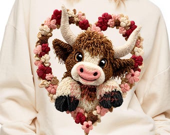 Valentine Highland Cow Shirt Design, Cute Cow with Heart Flowers, Romantic Valentine T-Shirt Print, Commercial Use