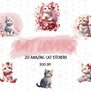 cute cat  printable stickers png bundle, kawaai cat printable stickers, kitty cat pet illustrations, planner supplies, instant download