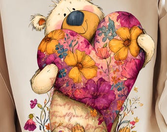 Valentine’s Day Teddy Bear Heart T-Shirt Design, Romantic Floral Bear Clipart, High Resolution PNG for Commercial Use