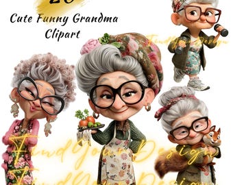 20 Cute Grandma Clipart Bundle, Funny Granny Characters PNG, No Background, 300 DPI, Commercial Use, Vintage Cute Old Lady Art