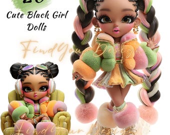 20 Afro Girl Clipart Bundle, Cute Black Girl Dolls, 3D Kawaii Fashion Kids, PNG Sublimation, Digital Download