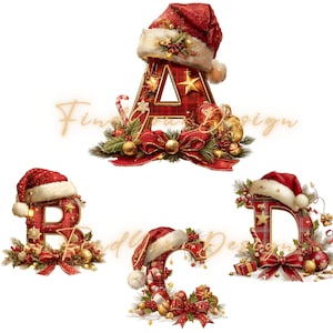 Könnte beinhalten: Vier weihnachtliche Buchstaben: A, B, C und D. Jeder Buchstabe ist mit einem Weihnachtsmannhut, einem roten Karomuster, Ornamenten und festlichen Verzierungen geschmückt. Die Buchstaben sind rot, gold und grün.