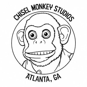 May include: A circular black and white graphic logo featuring a stylized monkey face in the center. The text CHISEL MONKEY STUDIOS is arched along the top edge, and the text ATLANTA, GA is positioned along the bottom edge of the circular border.