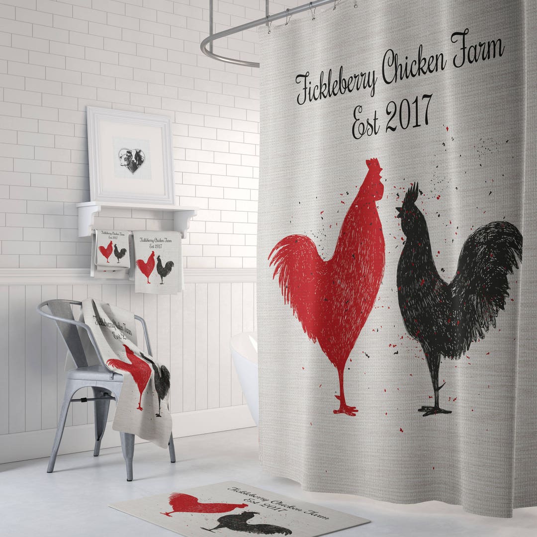 Rooster Chicken Personalized Farm Shower Curtain Farmhouse Chic Vintage Style , Bath Mat, Bath