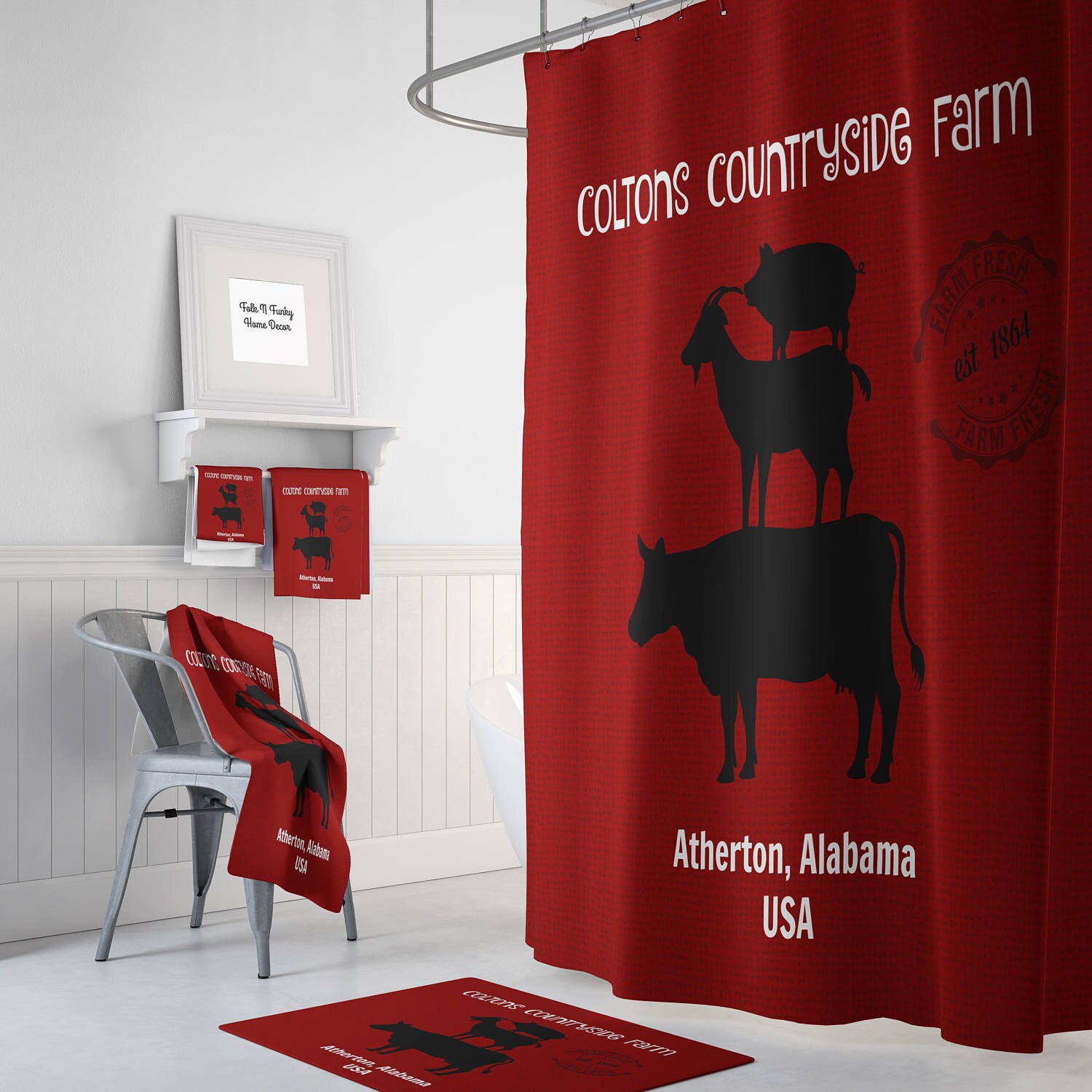 Personalized Farm Shower Curtain Farmhouse Chic Vintage Red Etsy