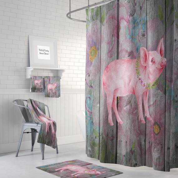 Framhouse Shower Curtain Pink Pig Bathroomdecor Etsy