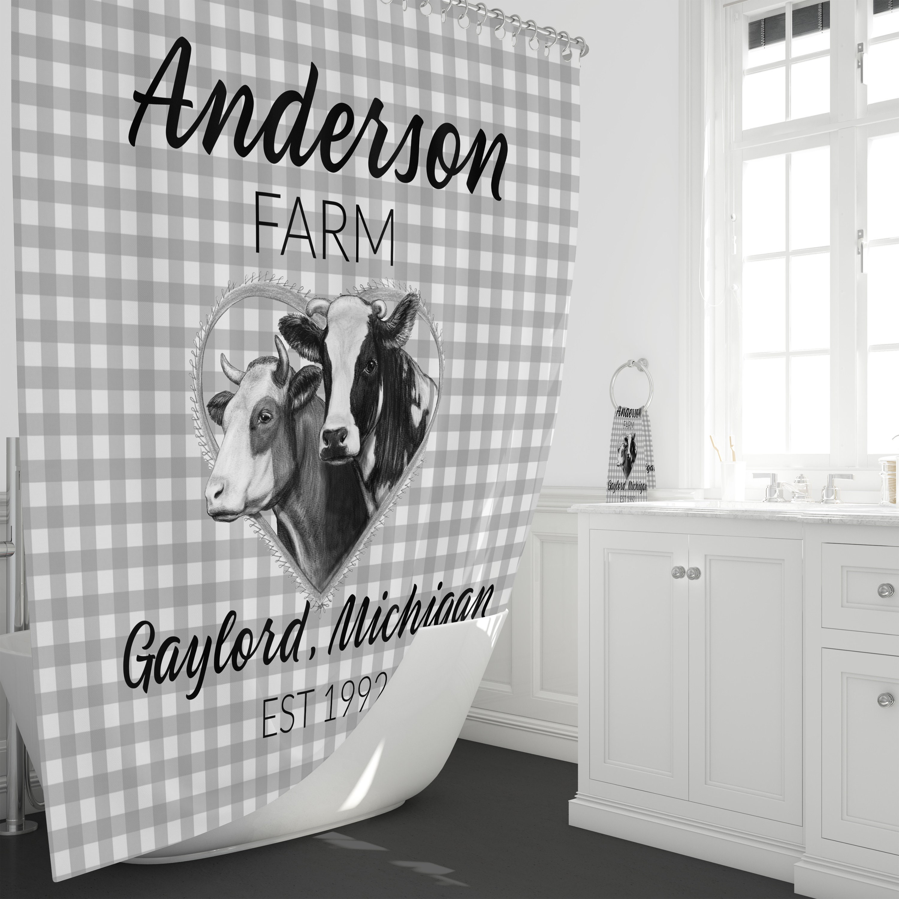 Personalized Farmhouse Shower Curtain Gray Plaid | Etsy