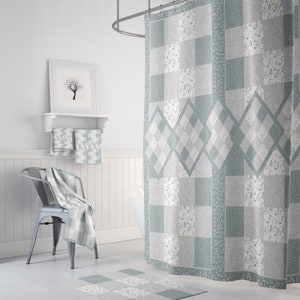 May include: A green and white checkered shower curtain with a diamond pattern border. The shower curtain is made of fabric and has a subtle floral pattern.