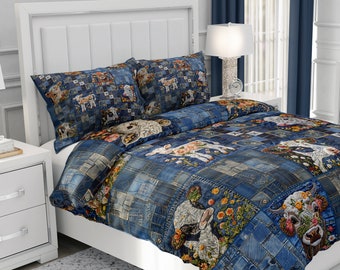 Cows Faux Denim Patchwork Comforter or Duvet Cover Set