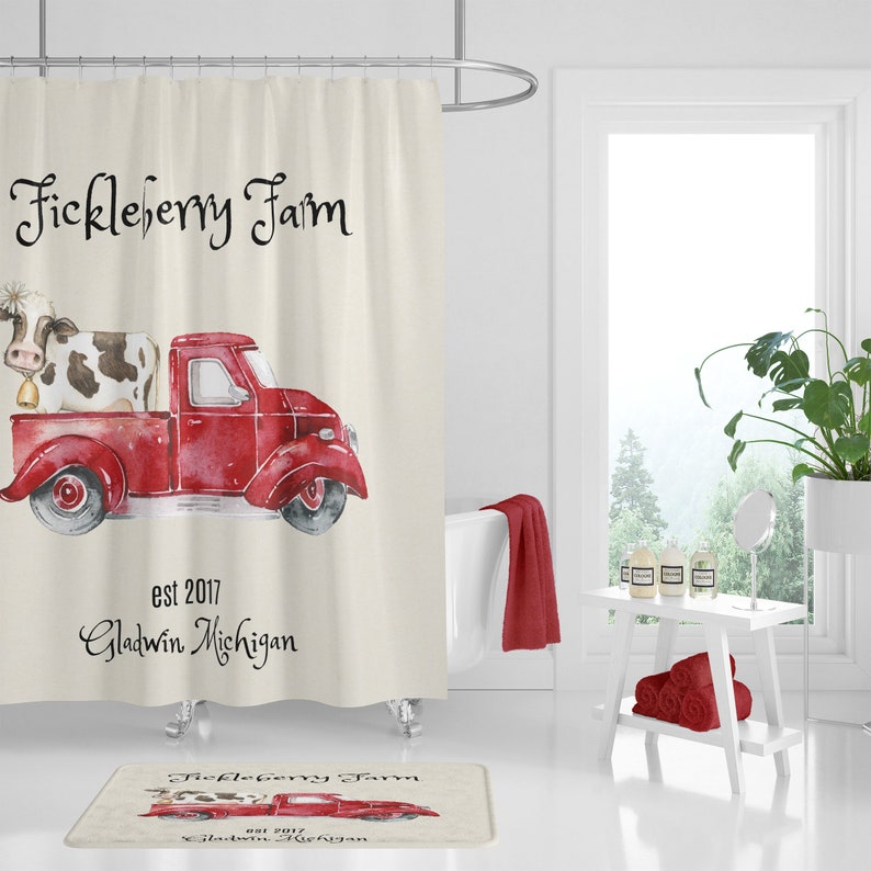 Personalized Shower Curtain Vintage Red Truck With Cow Etsy