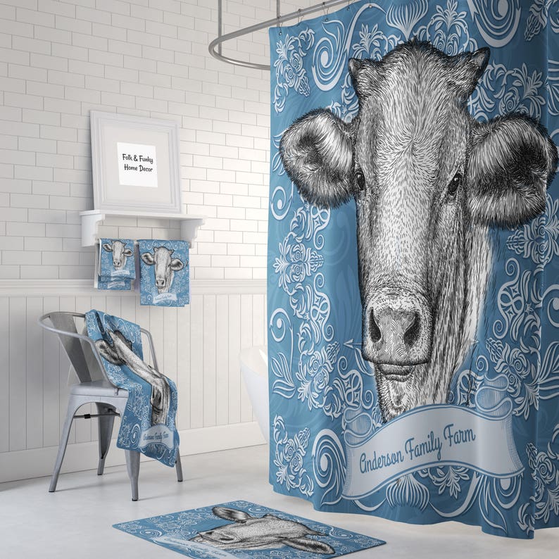 Cow Shower Curtain Farmhouse Chic Blue Bath Mat Bath Etsy
