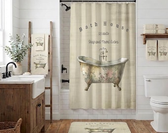 Farmhouse Bath House Shower Curtain – Rustic Country Bathroom Decor, Vintage Washroom Sign Style
