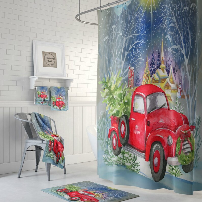 Red Truck With Christmas Tree Shower Curtain Bath Mat Towels Etsy