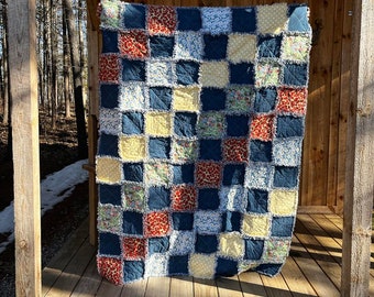 Blue Truck Floral Farmhouse Country  Rag Quilt  50 x 67