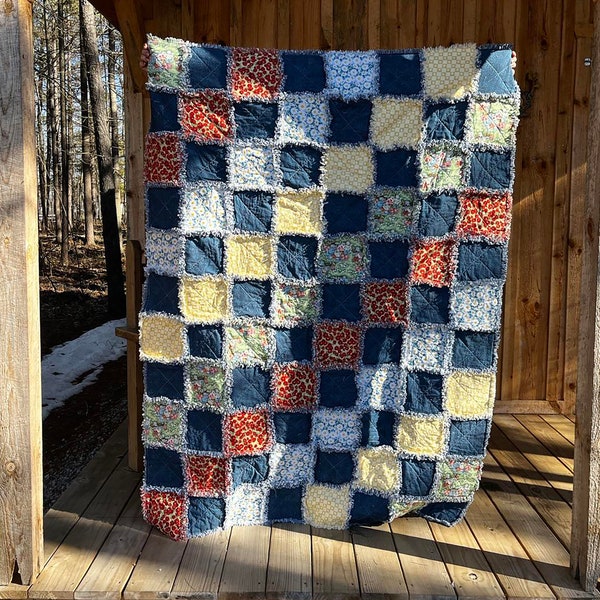 Blue Truck Floral Farmhouse Country  Rag Quilt  50 x 67