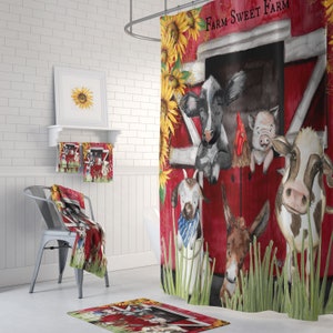 Farmhouse Barn Shower Curtain, Option Towels and Bath Mat, Country Bathroom Decor