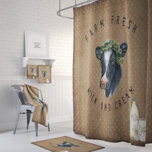 Rustic Farmhouse Shower Curtain Fresh Milk Cow Optional Bath Mat Towel Set