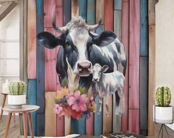Rustic Elegance: Dual Floral Cows Shower Curtain with Optional Bath Ensemble
