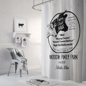 Fresh Milk Shower Curtain, Farmhouse Dairy Farm Advertising, Personalized Bathroom Decor