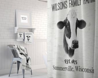 Farmhouse Chic Cow Shower Curtain,  Black and White Custom Personalized, Bath Mat, Bath Towels