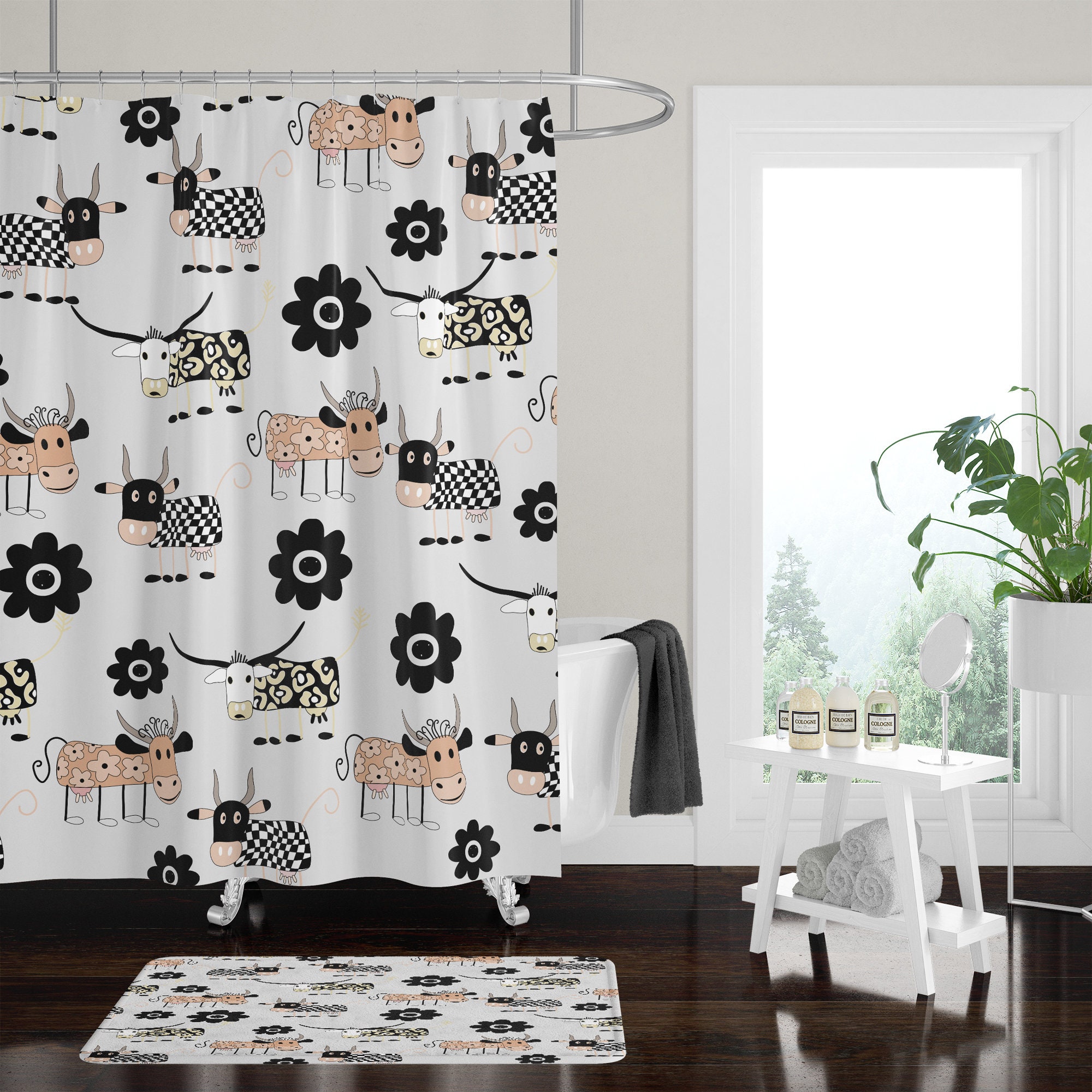 Shower Curtain Mod Cows Farmhouse Decor Bath Mat Bath Etsy