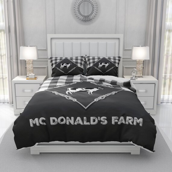 Personalized Bedding Set Gray Plaid Farmhouse Comforter Cow Etsy